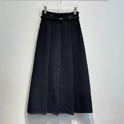 New Arrival Long Skirts 2025 Winter Fashion Women Belt Patchwork Casual Party Long Maxi Khaki Grey Black Wool Pleated Skirts PlatiNum
