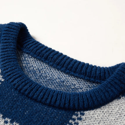 Retro Trendy Plaid Jacquard Pattern Pullover Sweater Casual Round Neck Color-Block Knit Men's Pullover