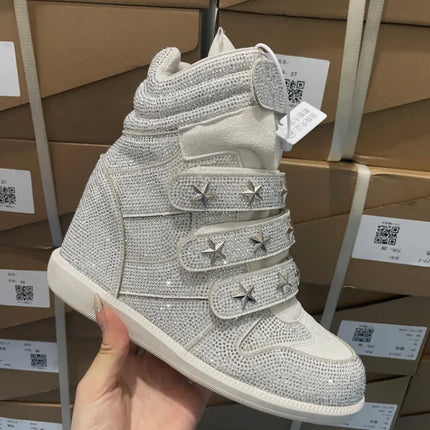 Women Rhinestone High Top Sneakers Hidden Wedge Heel Shoes Star Decor Hook & Loop Fashion Platform Ankle Boots