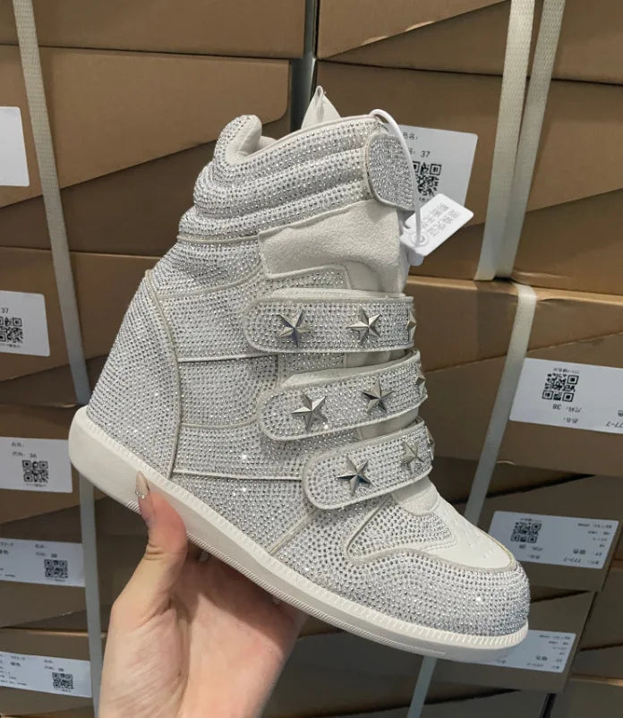 Women Rhinestone High Top Sneakers Hidden Wedge Heel Shoes Star Decor Hook & Loop Fashion Platform Ankle Boots
