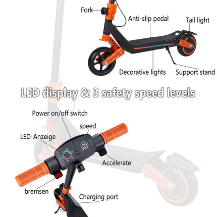 Monopattino elettrico leggero per bambini con luci, autonomia massima di 15/7/6 km, 2/3 modalità (8-16 km/h), per bambini dai 6 ai 14 anni, monopattino elettrico pieghevole da 6,5 pollici con 3 livelli di illuminazione