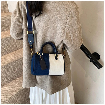 Patchwork Colorblock Mini Handbags For Women Denim Shoulder Cross Body Bags Casual Street Small Boston Bag 2025 Designer Purses PlatiNum
