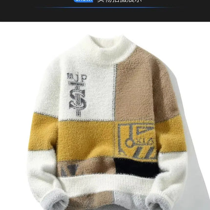 2024 New Men's Plush Sweater Pullovers Korean Winter Warm O Neck Black Sweater High Quality Cool Top Fashionable Men's Clothing