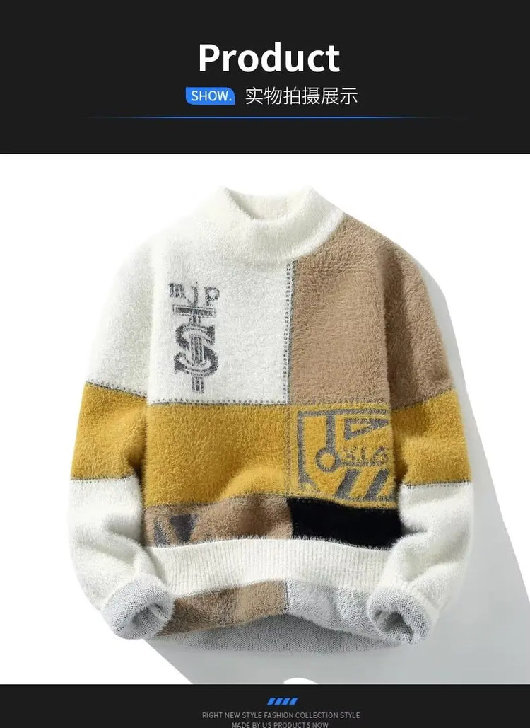 2024 New Men's Plush Sweater Pullovers Korean Winter Warm O Neck Black Sweater High Quality Cool Top Fashionable Men's Clothing