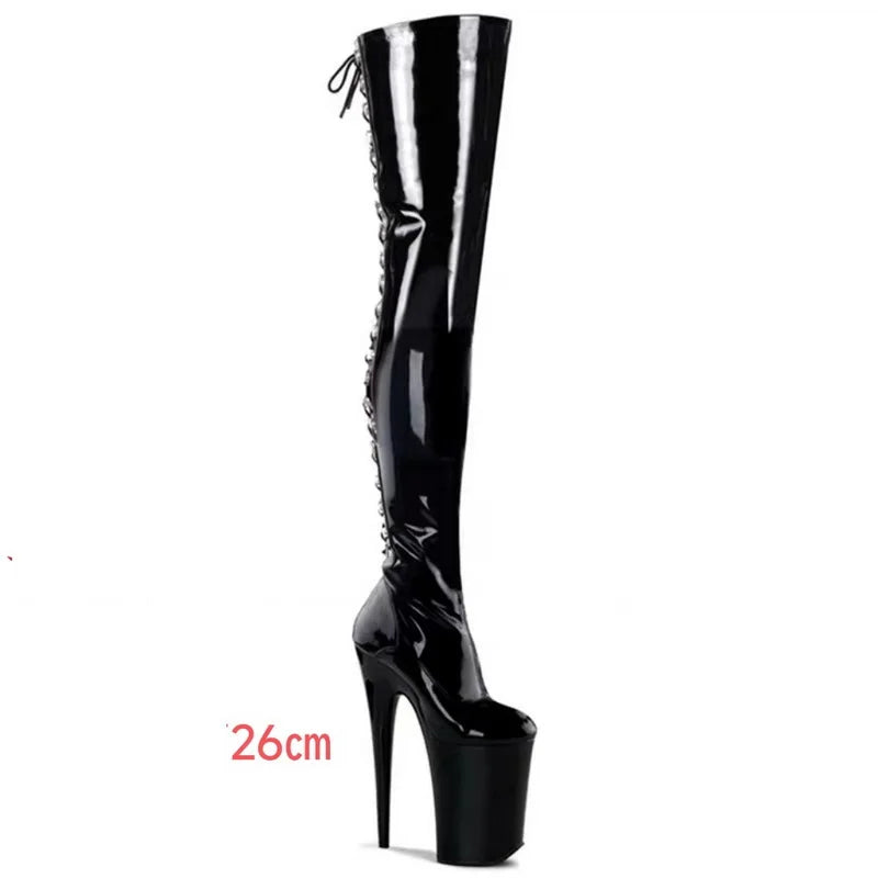CACA 26cm Extreme High Heels Women Thigh High Boots,Fetish Platform Booties,Buckles Botas,Men Cosplay Shoes,Black,Red,Dropship