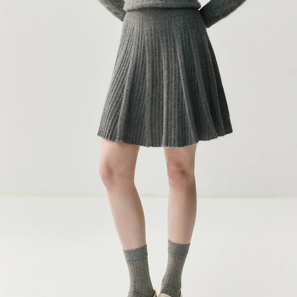 Chic Women's Pleated Skirt 100% Merino Wool Sweater  Knit Short Skirt Mini Skirts Autumn Winter Umbrella Wave Skirt Sweet Dress PlatiNum
