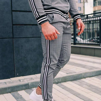 2025 Men Tracksuit 2pc Set Gym Hiking Plaid Zipper Hoodie Cargo Pants Autumn Athleisure Outfit Fleece Jogger Sportswear PlatiNum