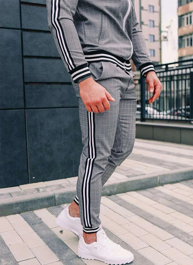 2025 Men Tracksuit 2pc Set Gym Hiking Plaid Zipper Hoodie Cargo Pants Autumn Athleisure Outfit Fleece Jogger Sportswear PlatiNum