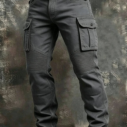 Men 100% Cotton Striped Spliced Cargo Pants Elastic Waist Multi‑Pocket Outdoor Casual Trousers Spring Autumn