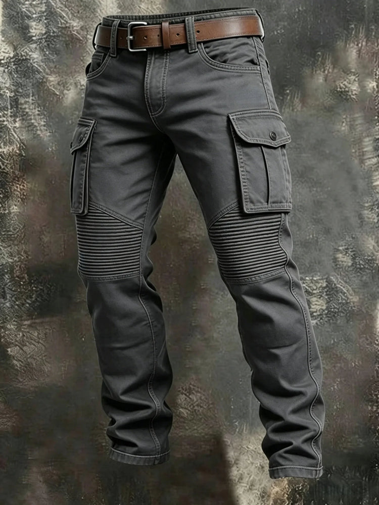 Men 100% Cotton Striped Spliced Cargo Pants Elastic Waist Multi‑Pocket Outdoor Casual Trousers Spring Autumn