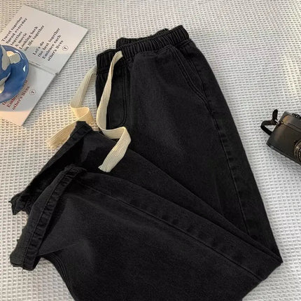 Loose Fit Men's Elastic Waist Jeans with Rope 9-Tenths Straight Leg Korean Style Trendy Versatile Large Size Nine-Piece Pants PlatiNum