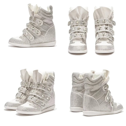 Women Rhinestone High Top Sneakers Hidden Wedge Heel Shoes Star Decor Hook & Loop Fashion Platform Ankle Boots