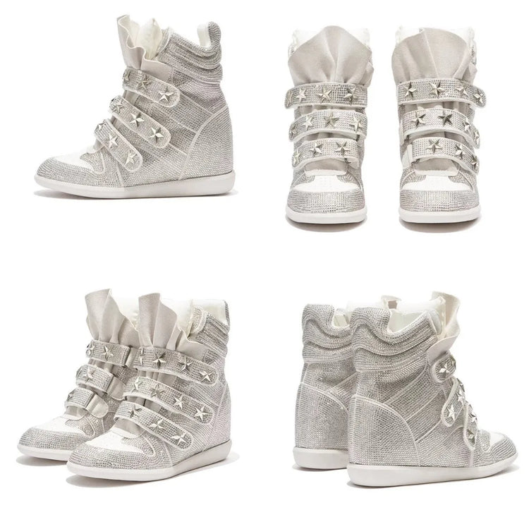 Women Rhinestone High Top Sneakers Hidden Wedge Heel Shoes Star Decor Hook & Loop Fashion Platform Ankle Boots