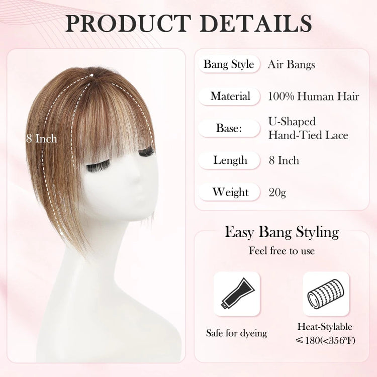 Brown Real Human Hair Toppers with Air Bangs 8inch Hairs Topper Hand-Tied Lace Base 360° Coverage for Women with Thinning Hair