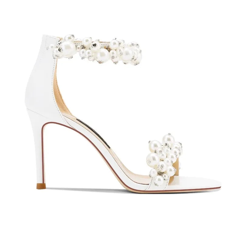 Summer new leather pearl ribbon sexy open-toe wedding shoes thin high-heeled banquet dress small size bag heel women's sandals
