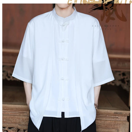Camicia cinese da uomo in seta di ghiaccio stile cinese comoda camicia retrò traspirante da uomo casual estiva vestibilità ampia moda tinta unita