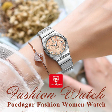 Orologio da donna POEDAGAR, raffinato, impermeabile, luminoso, con datario, in acciaio inossidabile, elegante orologio da polso al quarzo per donna. platinumshop
