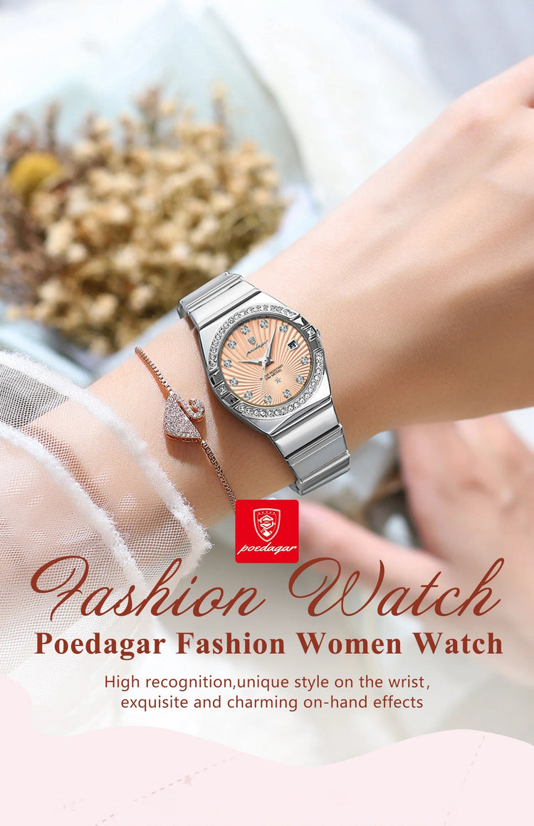 Orologio da donna POEDAGAR, raffinato, impermeabile, luminoso, con datario, in acciaio inossidabile, elegante orologio da polso al quarzo per donna. platinumshop