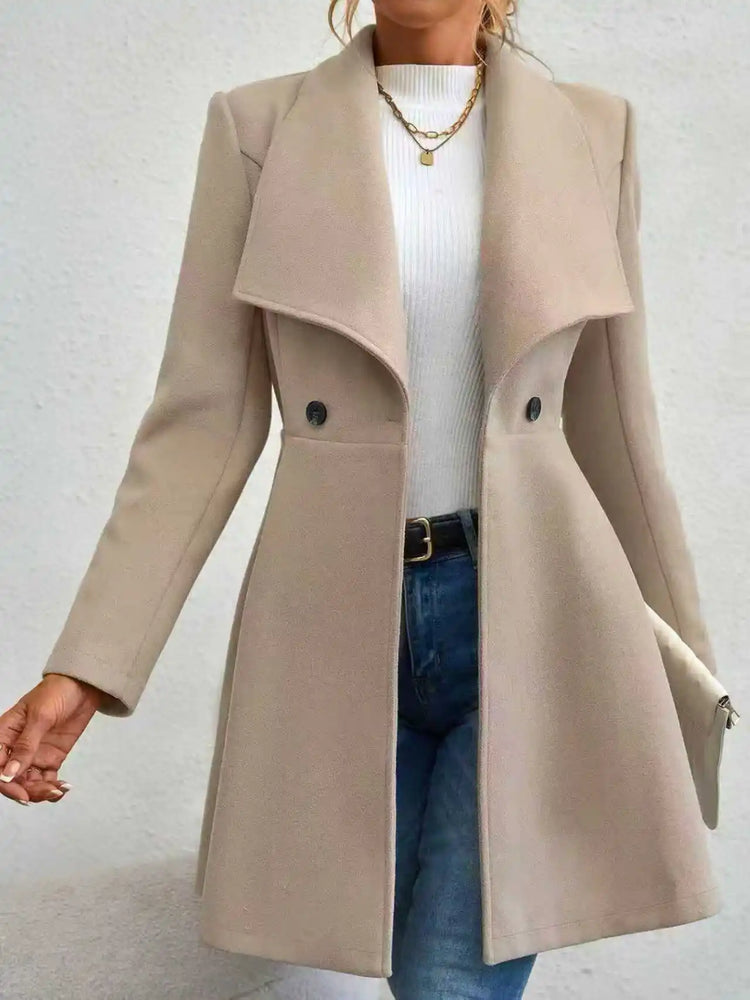 Women's Autumn Winter Yellow Woolen Coat Elegant Lapel Double Button Slim Fit Mid-Length Overcoat Casual Long Sleeve Outerwear F
