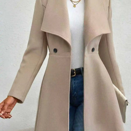 Women's Autumn Winter Yellow Woolen Coat Elegant Lapel Double Button Slim Fit Mid-Length Overcoat Casual Long Sleeve Outerwear F