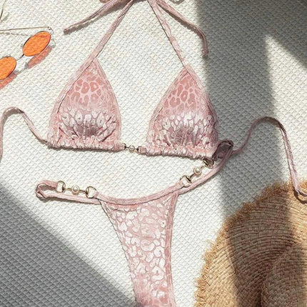 Micro Bikini Rosa Lucido da Donna, Sexy con Perle in PU, Push-Up, Perizoma, Costume da Bagno Estivo, con Lacci, per Vacanze PlatiNum