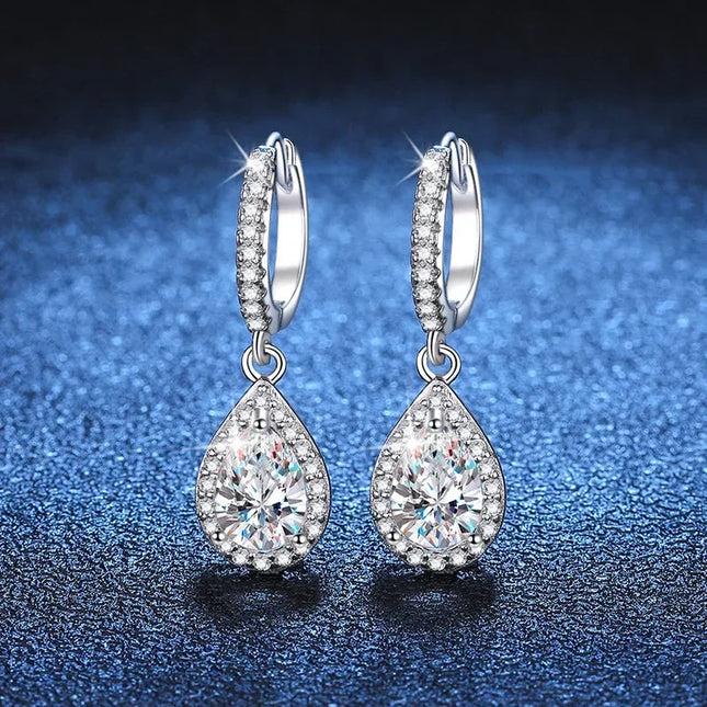Classic 100% Real 1 Carat Pear Cut Moissanite Diamond Drop Earrings Women’s S925 Silver Earring Plated PT950 Fine Jewelry PlatiNum