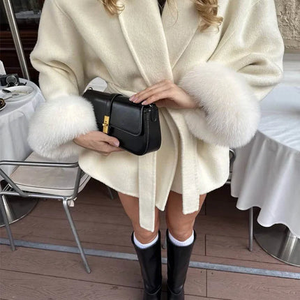 Tossy Fox Fur Wool Overcoat Women's Short Coat Office Lady Elegant Double-sided Woolen Coat 2025 New Cardigan Jackets Loose Wool