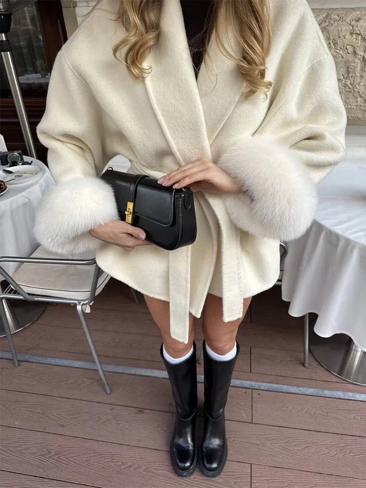 Tossy Fox Fur Wool Overcoat Women's Short Coat Office Lady Elegant Double-sided Woolen Coat 2025 New Cardigan Jackets Loose Wool