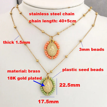 QMHJE Collana con ciondolo Vergine Maria Collana da donna con croce Girocollo Perline Catena in acciaio inossidabile Colore oro Boho Bianco Nero Rosa