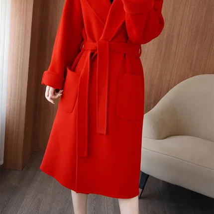 100% Wool Coat Women's Wear 2026 Autumn/Winter Fashion Temperament Double sided Cashmere Coats with Belt Elegant Long Overcoat