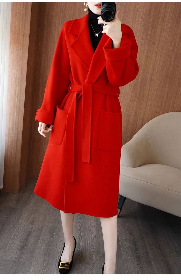 100% Wool Coat Women's Wear 2026 Autumn/Winter Fashion Temperament Double sided Cashmere Coats with Belt Elegant Long Overcoat