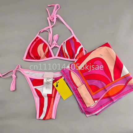 Set Bikini Rosso da Donna dal Design Classico, Costume da Bagno di Marca alla Moda con Fascia per Capelli platinumshop