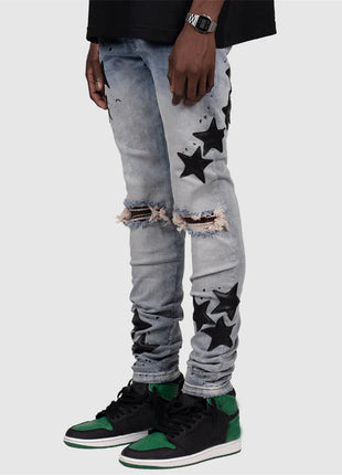 Vintage Star Print Stretch Punk Style Ripped Jeans Men's Streetwear Fashion Pocket Male Youth Daily Casual Denim Pencil Pants PlatiNum