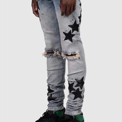 Vintage Star Print Stretch Punk Style Ripped Jeans Men's Streetwear Fashion Pocket Male Youth Daily Casual Denim Pencil Pants PlatiNum