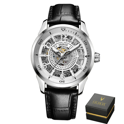 SKROX Original Gold Skeleton Automatic Movement Men's Watch Mechanical Waterproof Male Wrist Watches Leather Strap Luxury Clock