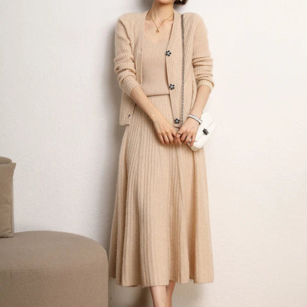 New Chic Pleated Skirts Woman Slimming Umbrellas Autumn Winter 100% Cashmere Knitted Long Skirt Solid Color Basics Woman Clothes PlatiNum