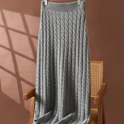Autumn Winter 100% Cashmere Skirt Women Soild Mid-calf  High Waist Twist Flower Fit Slimming Knitted Dress  Light Luxury Elegant PlatiNum