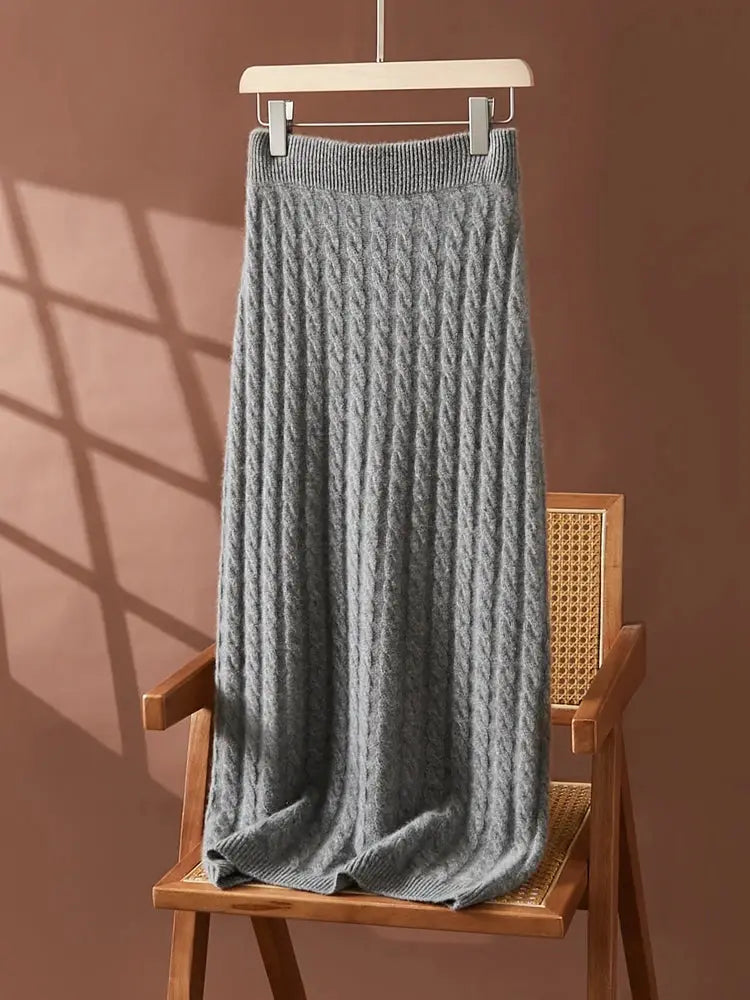 Autumn Winter 100% Cashmere Skirt Women Soild Mid-calf  High Waist Twist Flower Fit Slimming Knitted Dress  Light Luxury Elegant PlatiNum