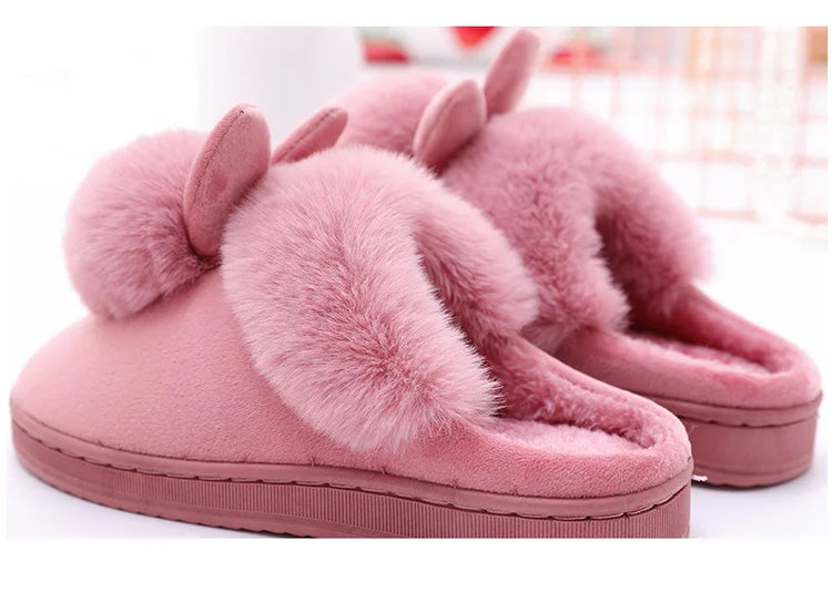 Thick Sole Winter Plush Slippers Cozy Faux Rabbit Fur Indoor House Shoes for Women & Men Couple Matching Slides with Closed Back