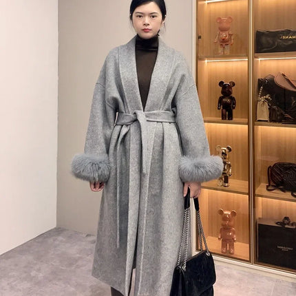 High End Double-sided Wool Strapping Real Wool Fur Coat Women's Removable Cuffs Fox Fur Temperament Cashmere Short Jacket