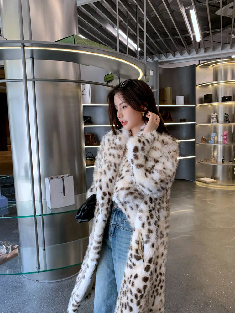 ZADORIN High Quality Elegant Loose Long Faux Fur Coat Winter Women Leopard Print Lapel Faux Mink Fur Jacket Thick Warm Fur Coats