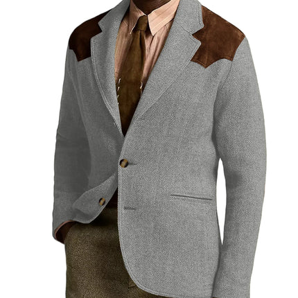 Herringbone Tweed Men's Blazer Jacket Wool Blend Suede Patch Shoulder Men's Sport Coat Business Casual Slim Fit For Oktoberfest