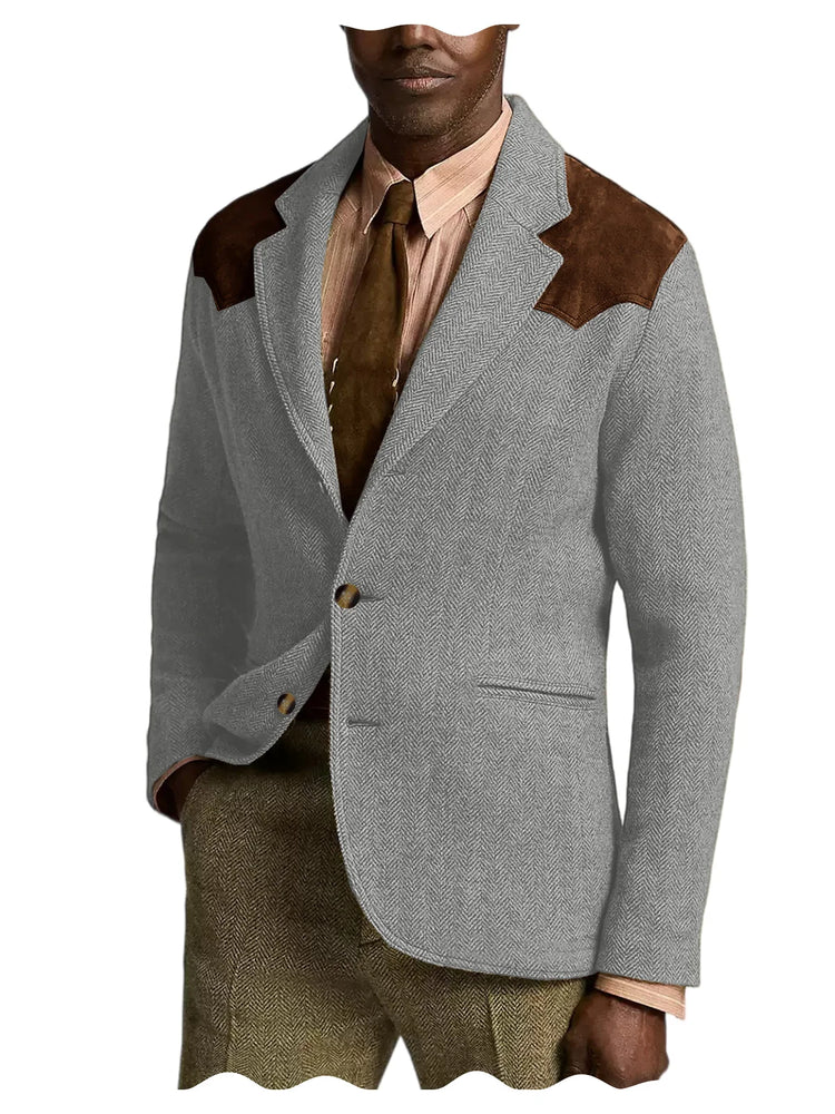 Herringbone Tweed Men's Blazer Jacket Wool Blend Suede Patch Shoulder Men's Sport Coat Business Casual Slim Fit For Oktoberfest