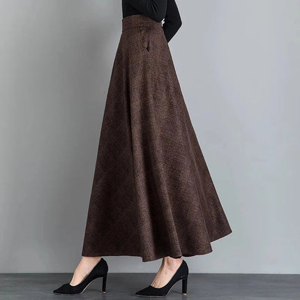 New Women Thick Woolen Skirt Autumn Winter Fashion Elastic High Waist A-Line Long Plaid Skirt Elegant Easy Match Wool Skirt PlatiNum
