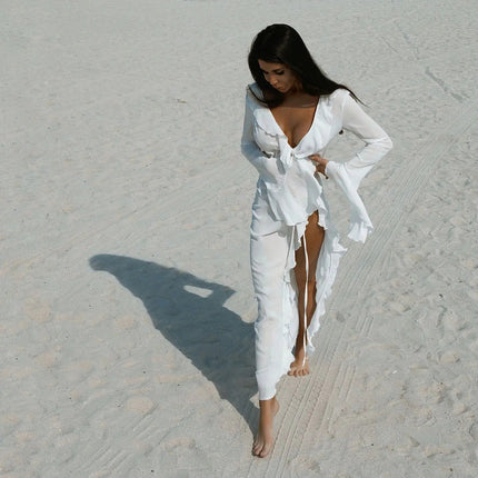 Sexy scollo a V increspato manica lunga Nero Bianco Nuova tunica in chiffon Beach Cover Up Cover-up Abito Protezione solare Beachwear Abbigliamento donna platinumshop