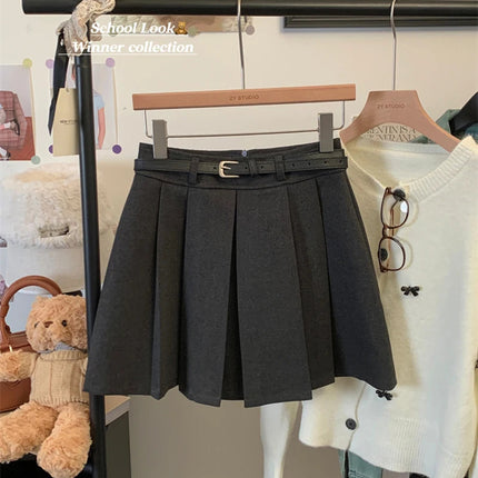 MEXZT Streetwear Woolen Mini Skirt Women Fashion Harajuku with Belt Black Pleated Skirts Fall Winter Preppy Korean A Line Faldas PlatiNum
