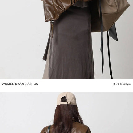 Soft Sheepskin Genuine Leather Cropped Jacket Women Lapel Zip Up Snap Button Side Pockets Casual Autumn Real Leather Outerwear