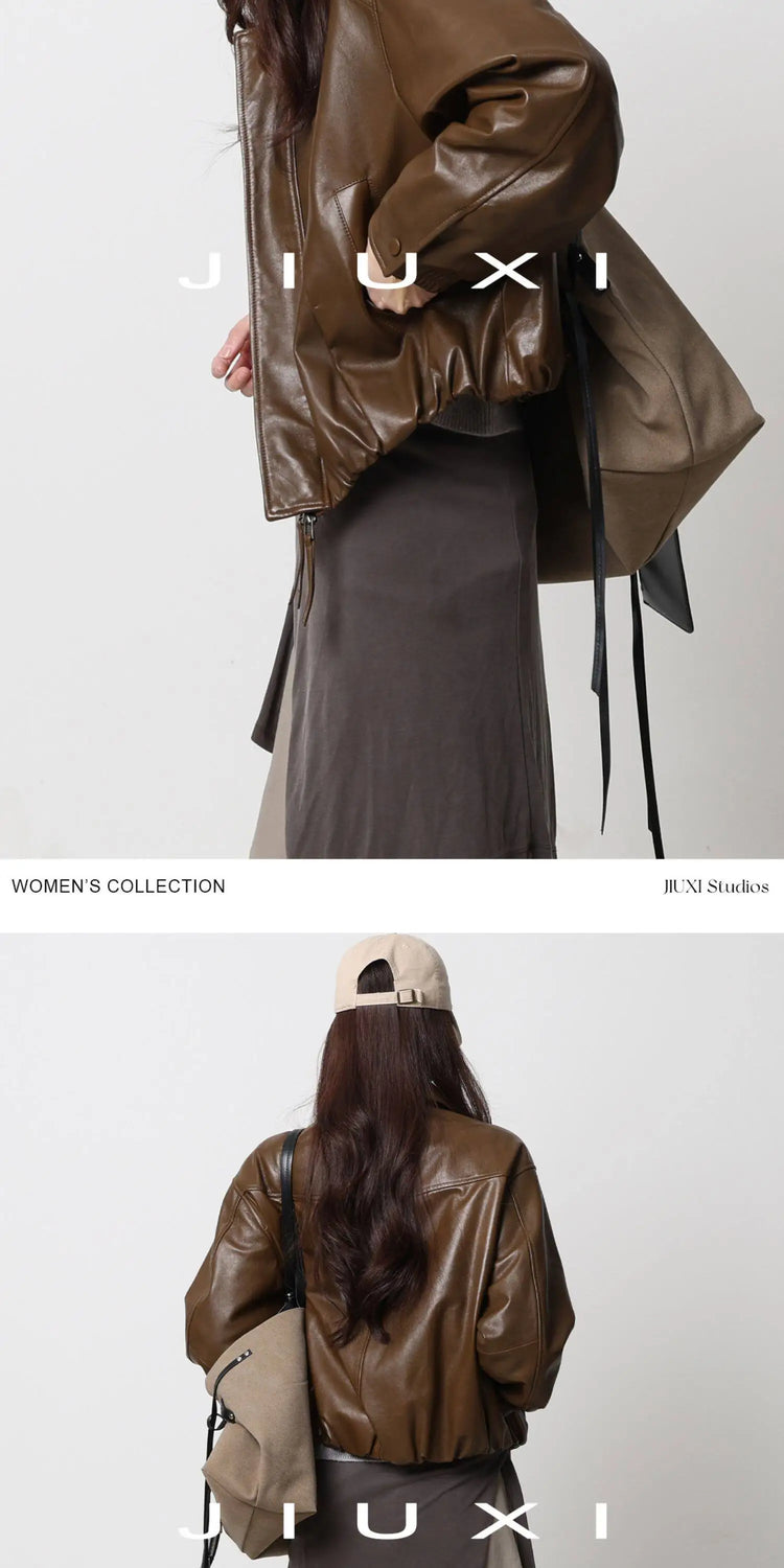 Soft Sheepskin Genuine Leather Cropped Jacket Women Lapel Zip Up Snap Button Side Pockets Casual Autumn Real Leather Outerwear