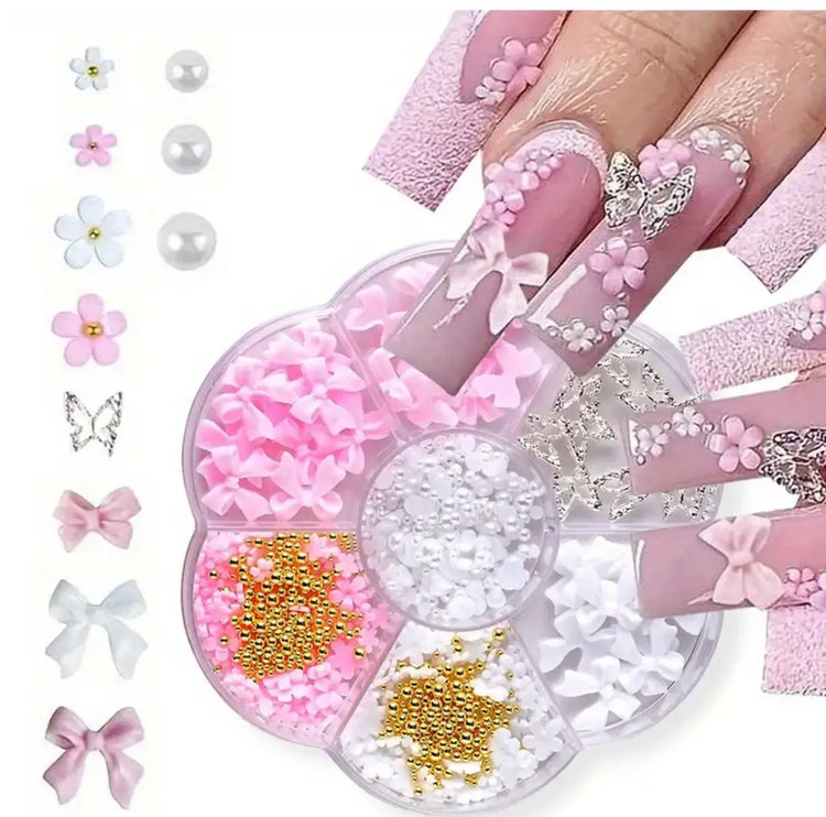 1box 3D Flower Bow Nail Art Decorations Kit Pink/White Acrylic Floral/Peal Beads Nail Charm with Wax Pen/Tweezer 4/6mm Nail Part