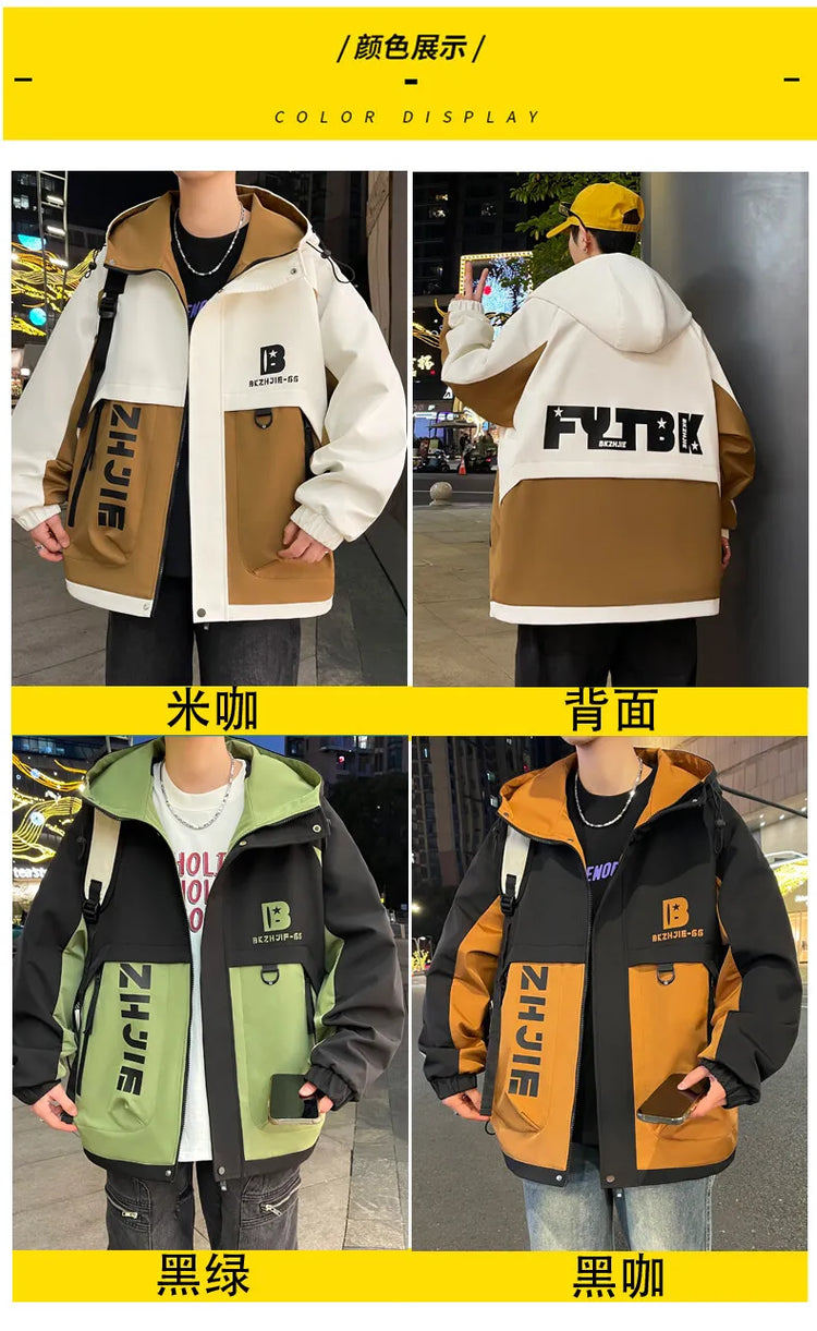 Fashion 2026 Spring Autumn Men's Hooded Casual Jacket Outdoor Windproof Loose Technical Coat Youth Streetwear Top Parka Clothing